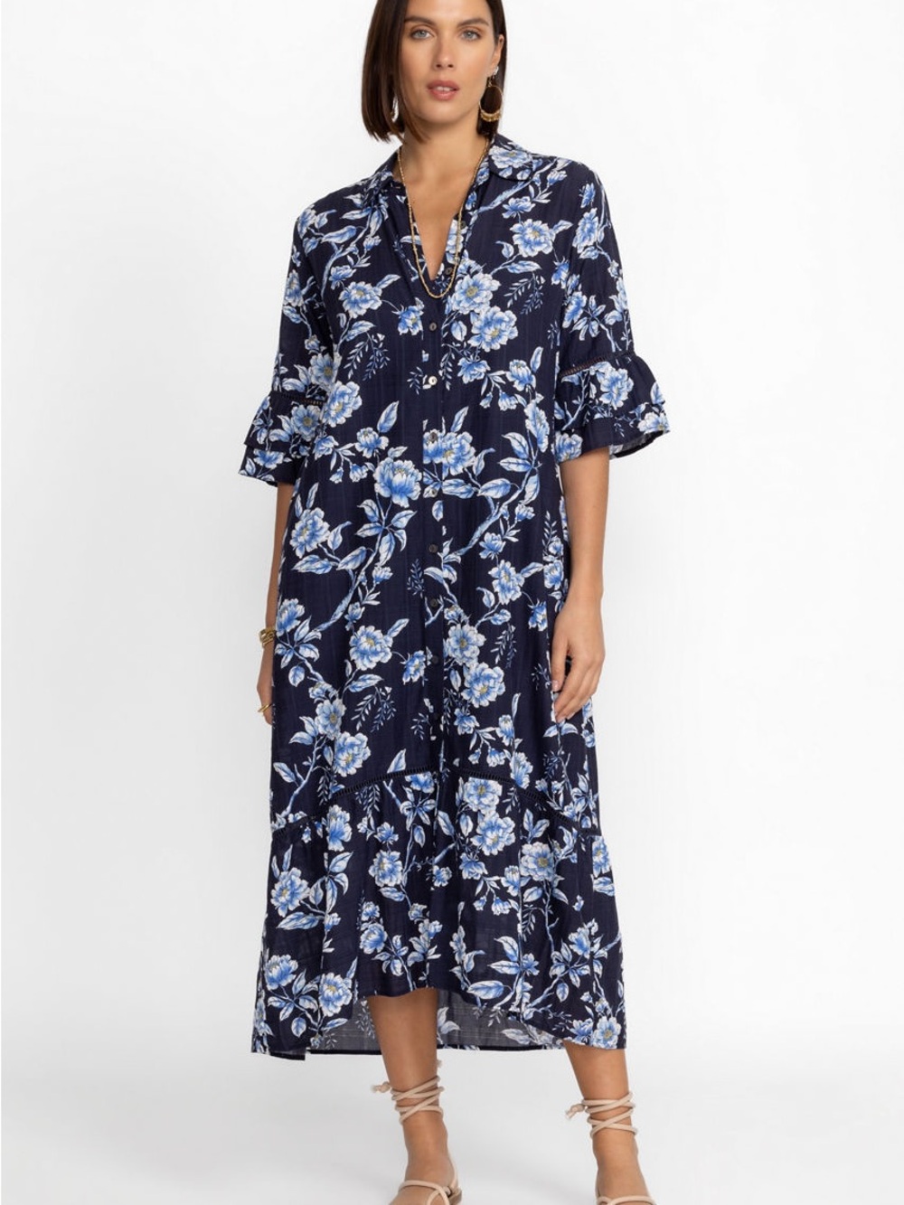 Johnny Was Hi Low Ruffle Sleeve Button Front Maxi Dress Magnolia Cotton Linen M